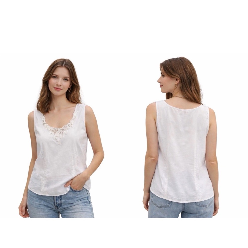 Together Bisque 100% Cotton Pin Tucked Sleeveless Embroidered White Top Sz 16